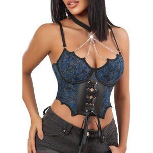 Women Blue Sexy PU Leather Lace Up Corset Bustier Adjustable Push Up Top